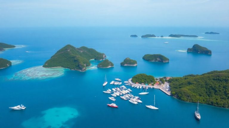 Labuan Bajo harbor with islands and boats.