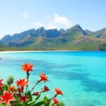 Komodo National Park landscape with beaches and hills.