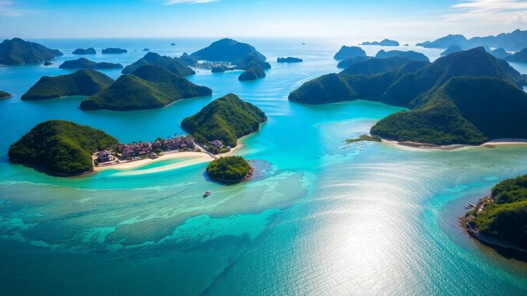 Labuan Bajo coastline with villas and clear blue water.